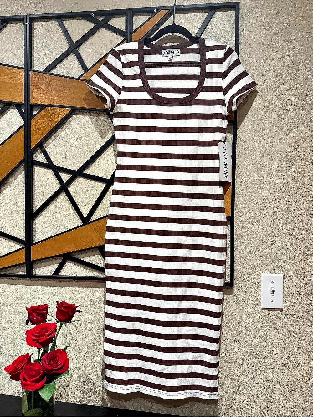 J FOR JUSTIFY Striped Maxi Dress in Brown & White NWT